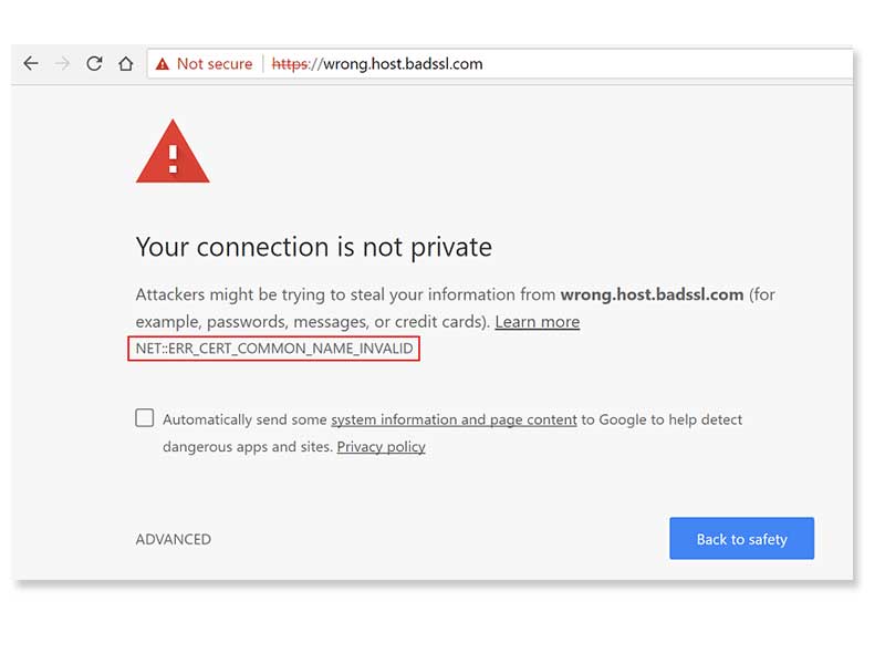 Screenshot of SSL certificate error
